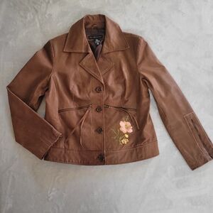 Brown Leather Floral Embroidered Moto Jacket Women’s Sz 12
